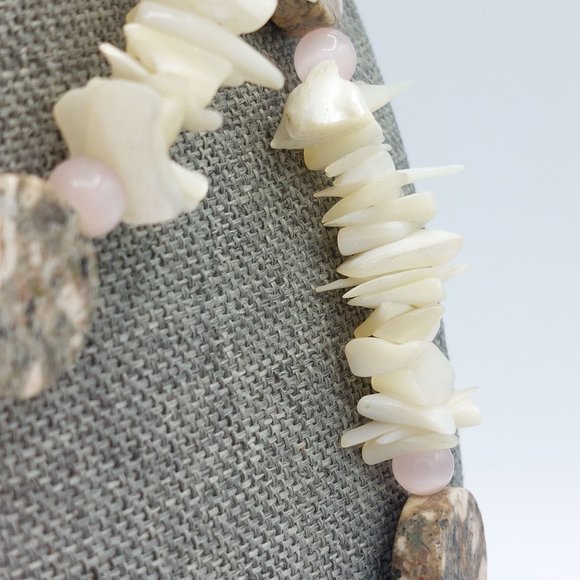 Necklace White Mother of Pearl Pink Cat Eye Granite Disc Puka look 36" Single St - Picture 5 of 8